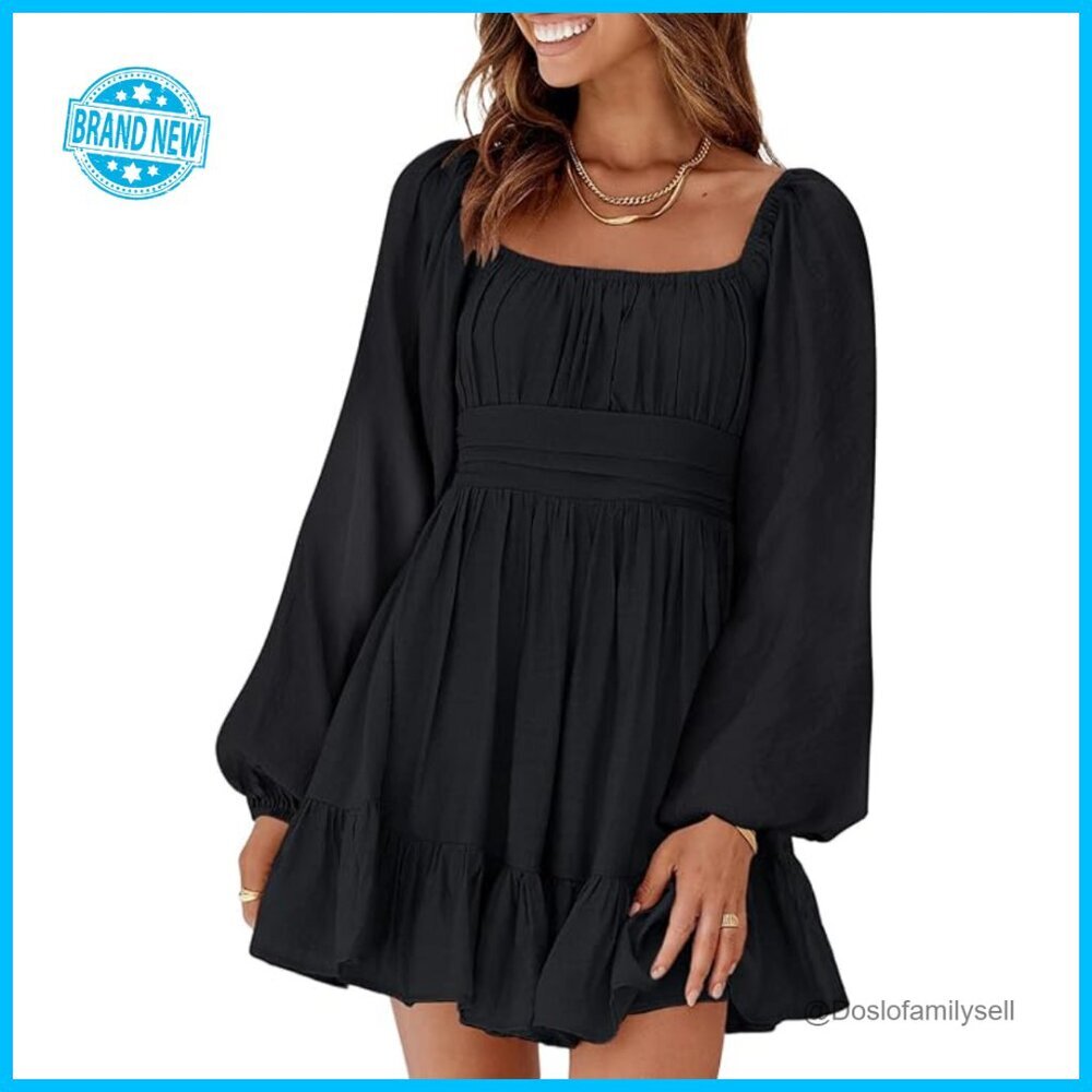 Long Lantern Sleeve Square Neck Tie Backless A-Line Mini Dress Elegant Retro